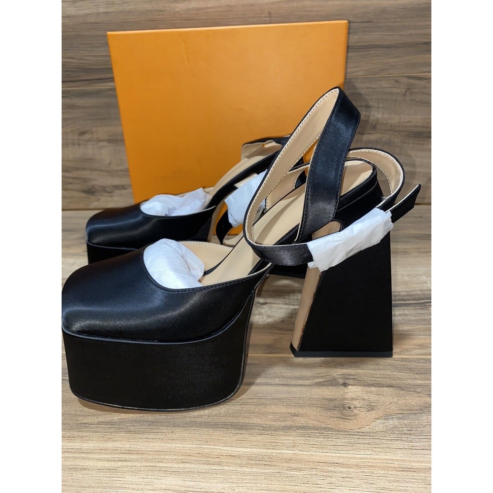 Women Platform Chunky Sling‎ back Satin Heels, Sz 8